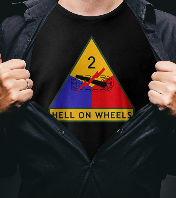 Us Army 2nd Armored Division Hell On Wheels Triangular Emblem With Tank Tracks And Lightning Bolt T-Shirt