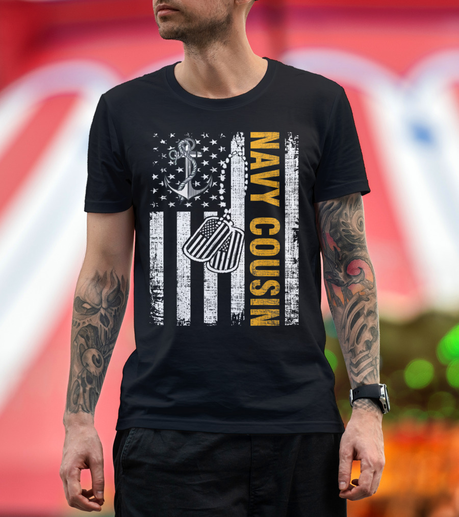Navy Cousin American Flag Anchor and Dog Tags T-Shirt