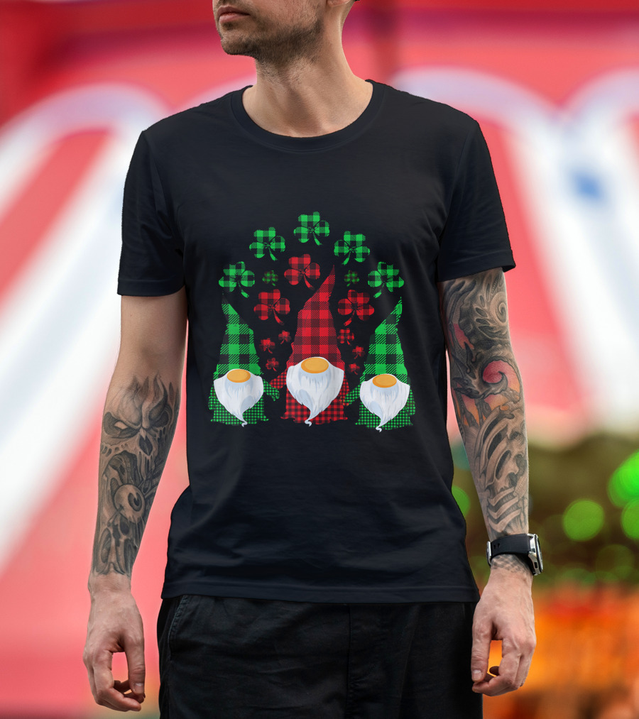 Cute Three Gnomes Shamrocks Red Green Buffalo Plaid T-Shirt
