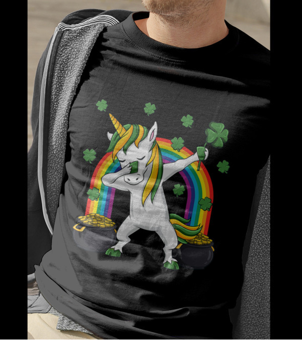 Dabbing Unicorn Rainbow Shamrock Pot Of Gold St Patricks Day Irish Dab T-Shirt