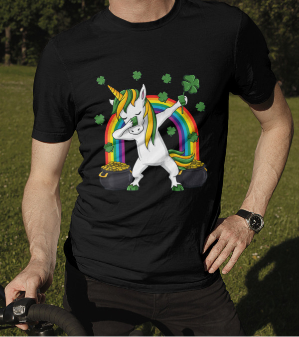 Dabbing Unicorn Rainbow Shamrock Pot Of Gold St Patricks Day Irish Dab T-Shirt
