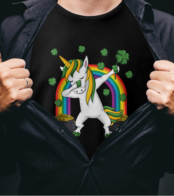Dabbing Unicorn Rainbow Shamrock Pot Of Gold St Patricks Day Irish Dab T-Shirt