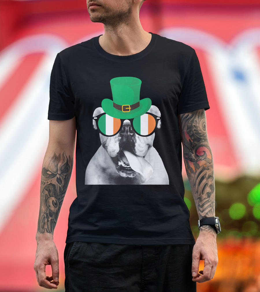 English Bulldog St. Patrick's Day Ireland Hat and Sunglasses T-Shirt