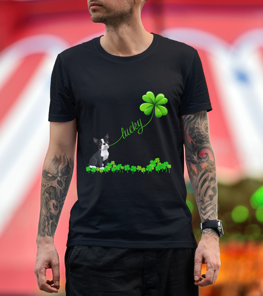 Irish Lucky Boston Terrier with Shamrock T-Shirt