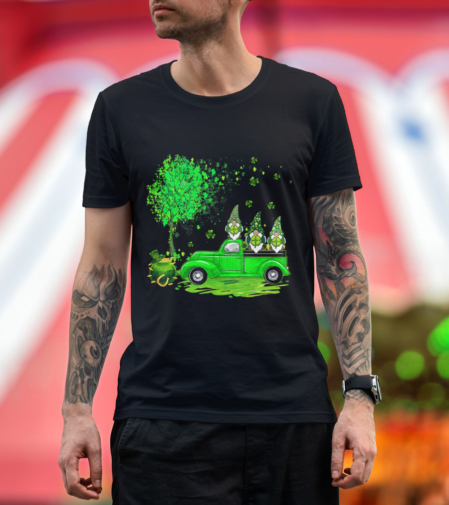 Irish Gnomes on Green Truck with Shamrocks and Pot of Gold T-Shirt