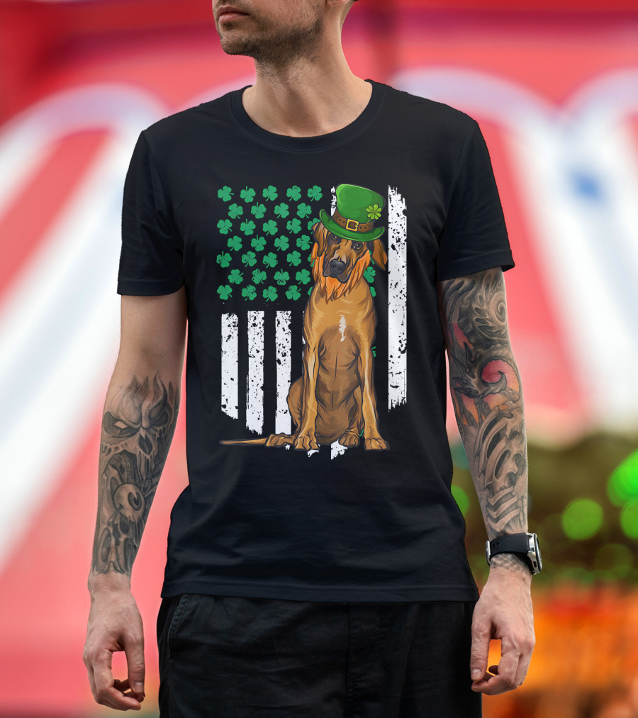 Rhodesian Ridgeback with Leprechaun Hat and Shamrock Flag for St Patricks Day Irish T-Shirt
