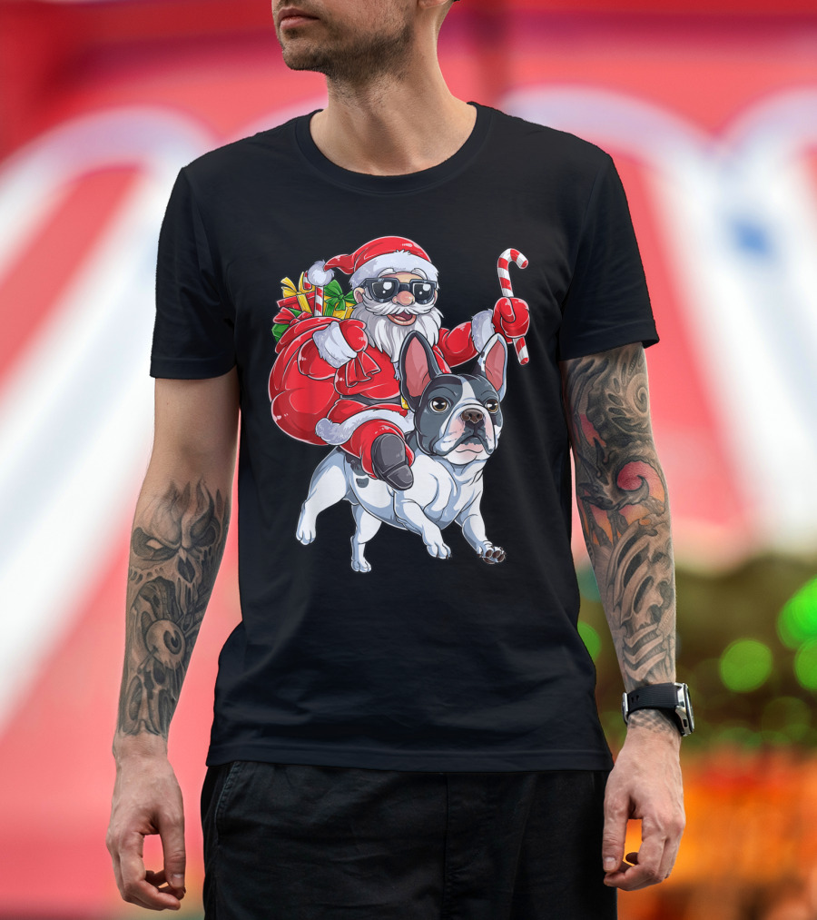 Santa Claus Riding French Bulldog with Candy Cane and Gifts T-Shirt