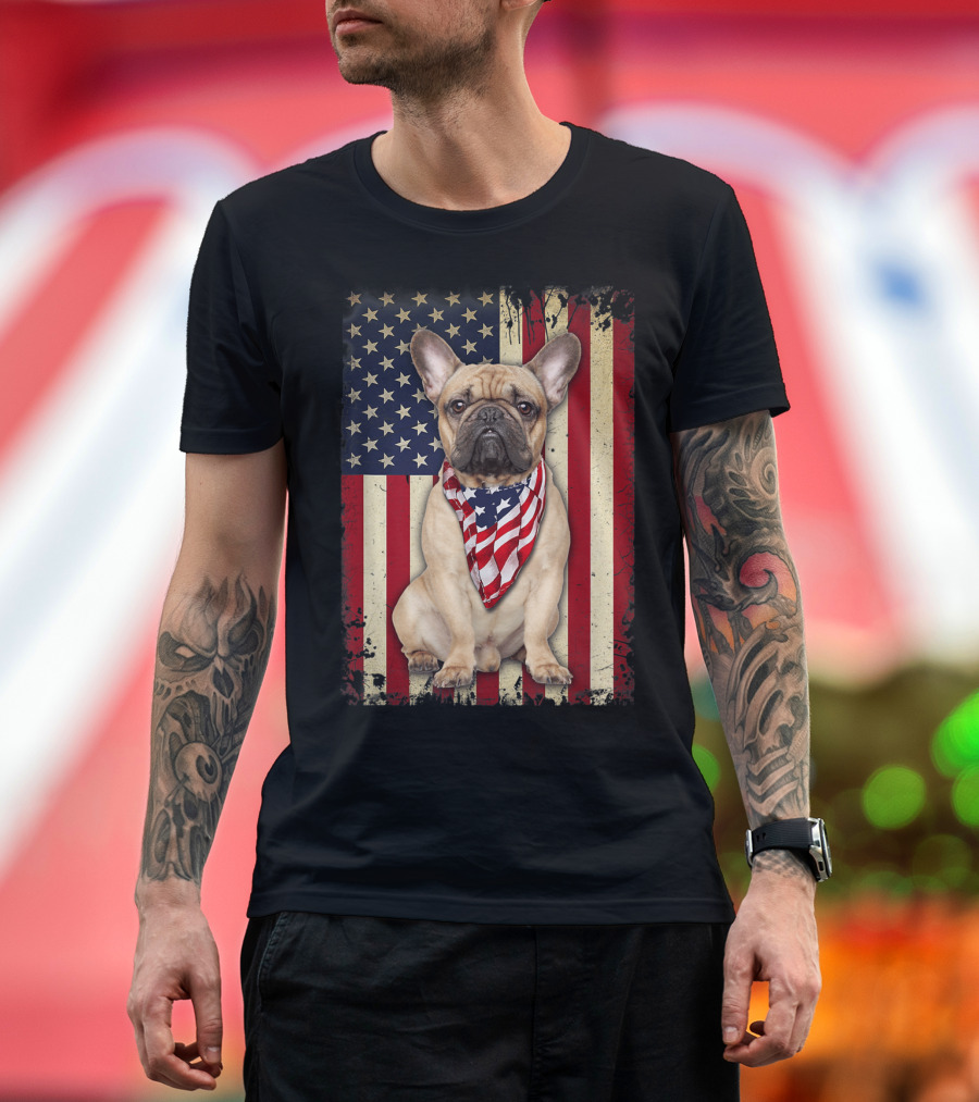 French Bulldog with American Flag Bandana for 4th of July T-Shirt