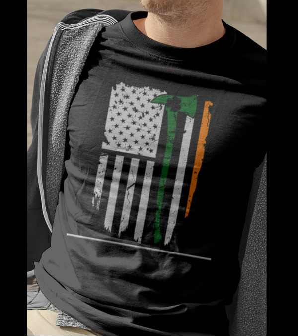 St. Patrick's Day Irish Firefighter US Flag Shamrock Axe T-Shirt
