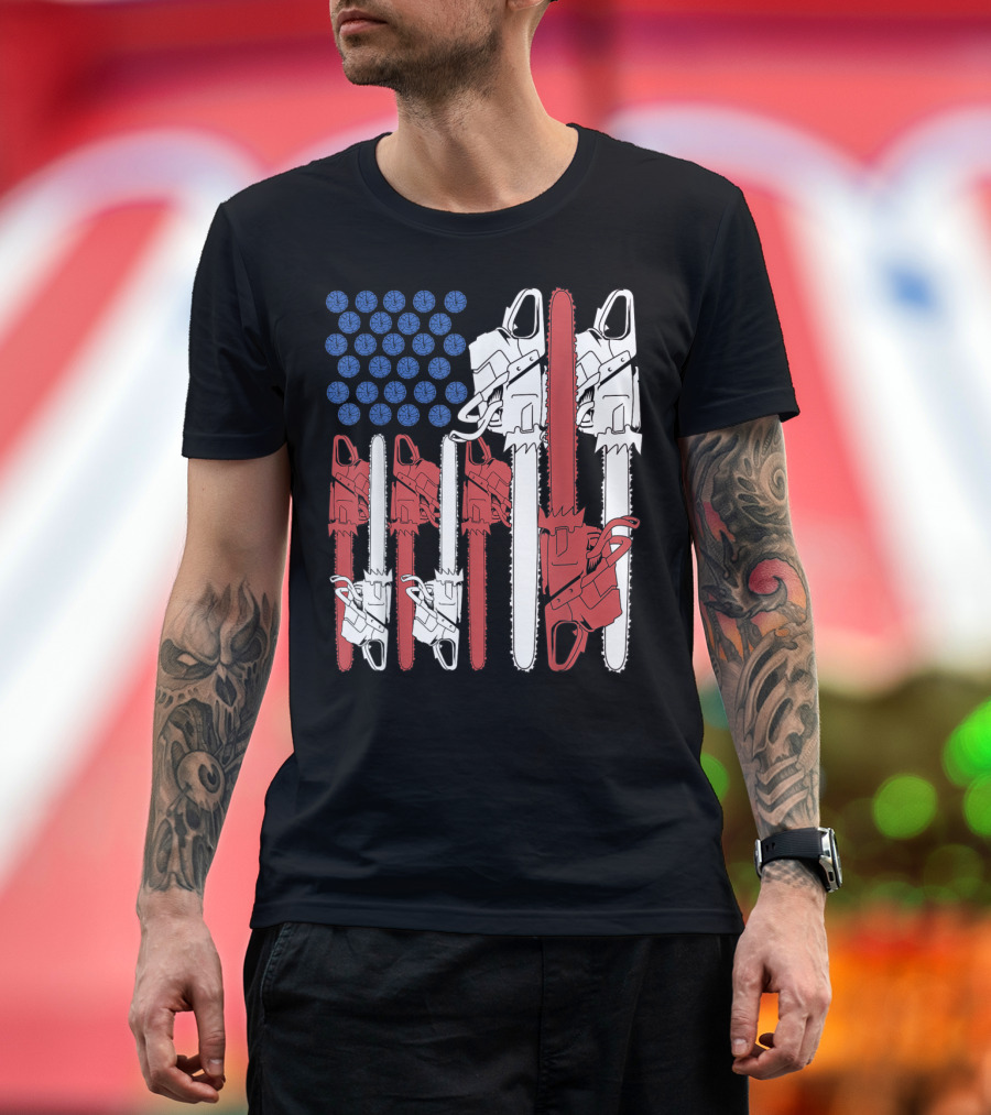 Woodworking Men Lumberjack Arborist USA Flag Chainsaws T-Shirt