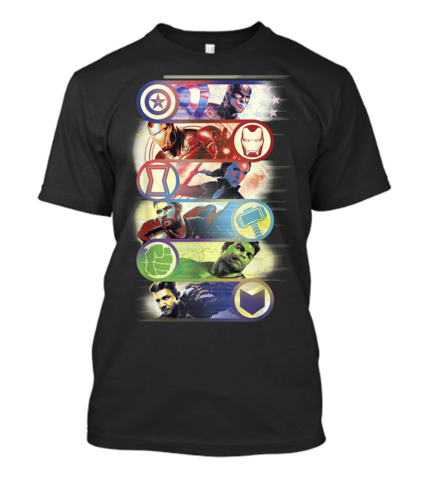 Avengers Endgame Captain Iron Man Black Widow Thor Hulk Hawkeye Hero Symbol Colorful Group T-Shirt