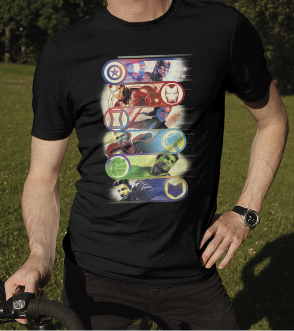 Avengers Endgame Captain Iron Man Black Widow Thor Hulk Hawkeye Hero Symbol Colorful Group T-Shirt