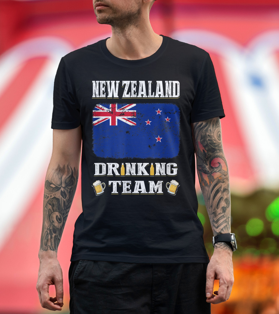 New Zealand Drinking Team Funny Beer with Flag and Beer Mugs T-Shirt
