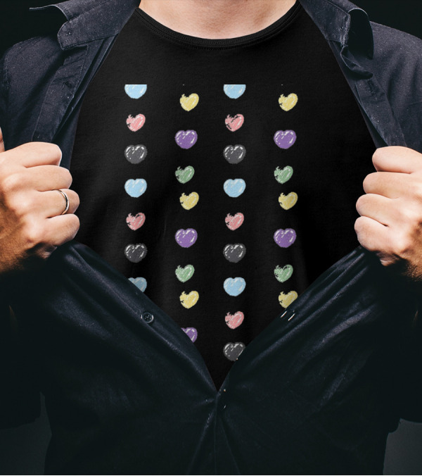 Multicolor Hand Drawn Hearts Pattern In Rows T-Shirt