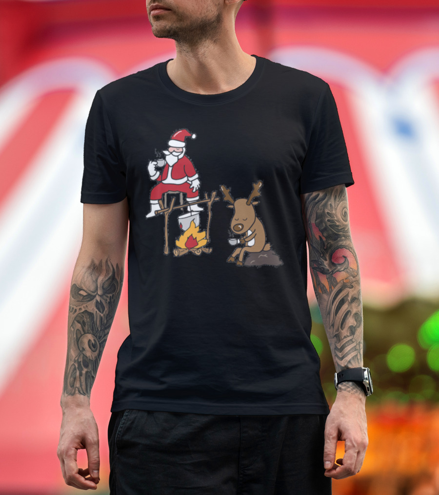 Camping Santa and Reindeer by the Fire T-Shirt