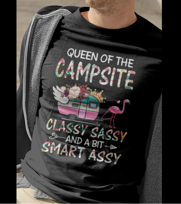 Queen Of The Campsite Classy Sassy Smart Assy Flamingo Caravan Floral Crown T-Shirt