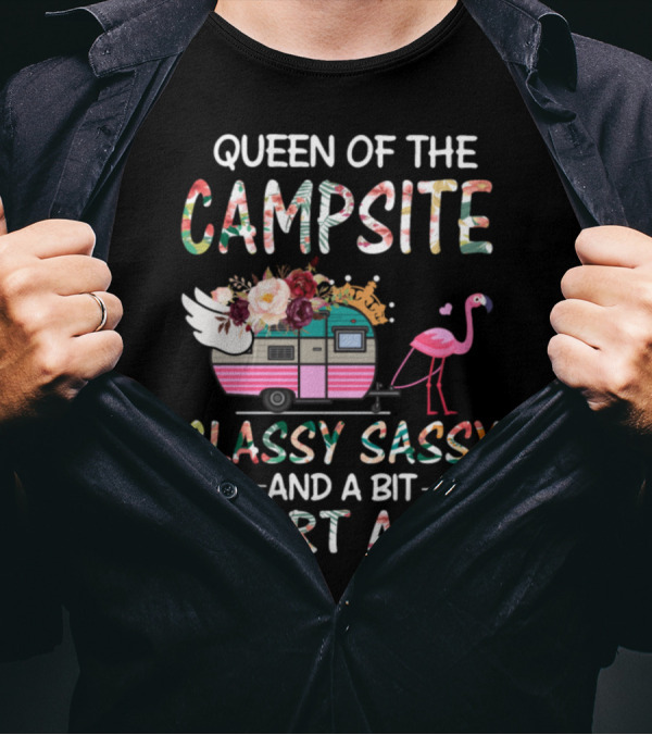 Queen Of The Campsite Classy Sassy Smart Assy Flamingo Caravan Floral Crown T-Shirt