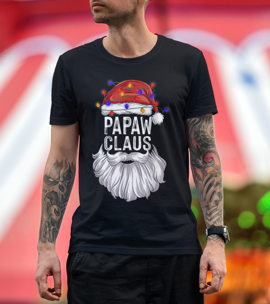Papaw Claus Santa Hat Funny Christmas Beard Lights T-Shirt
