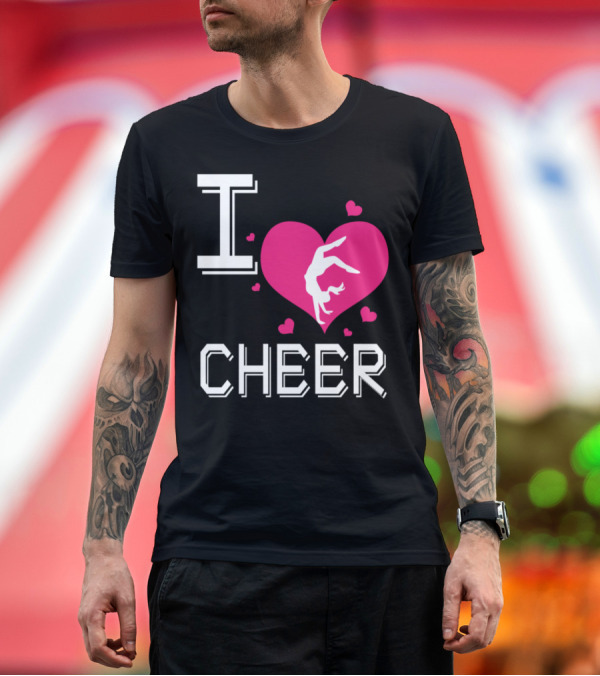 Premium T-Shirt: I Love Cheer Heart Cheerleading With Pink Heart and Cheer T-Shirt I Love Cheer Heart Cheerleading With Pink Heart and Cheer T-Shirt
