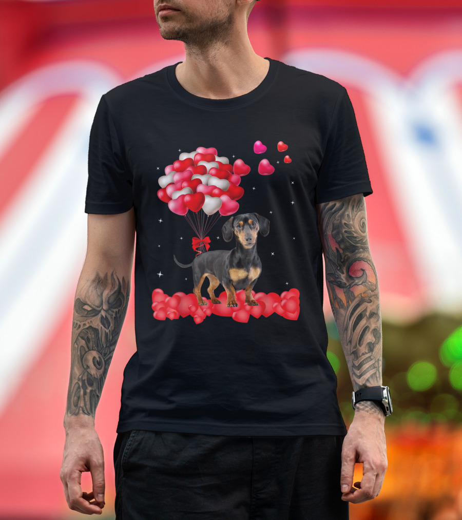 Dachshund Valentine's Day Heart Balloons and Red Ribbon Dog T-Shirt