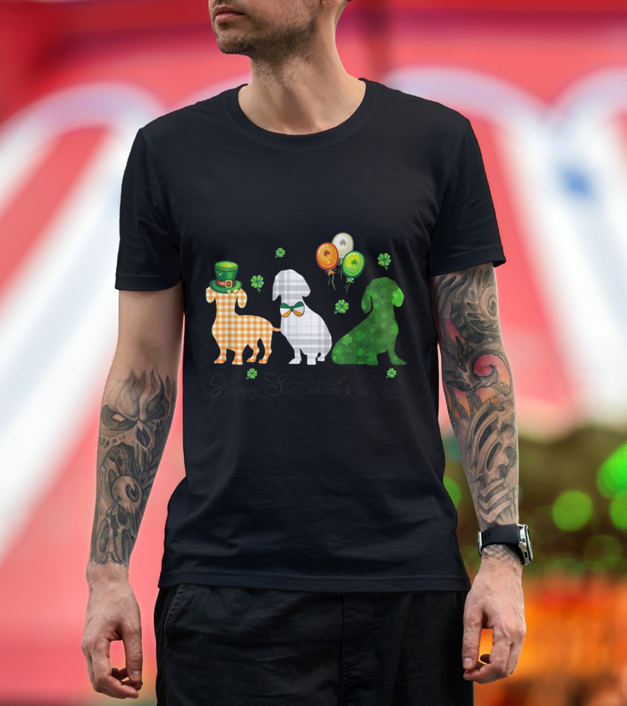 Happy St. Patrick's Day Irish Flag Three Dachshund Dogs Shamrock Balloons T-Shirt