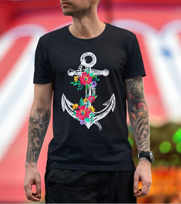 Premium T-Shirt: Anchor with Colorful Floral Accents Casual Cute Flowers T-Shirt Anchor with Colorful Floral Accents Casual Cute Flowers T-Shirt