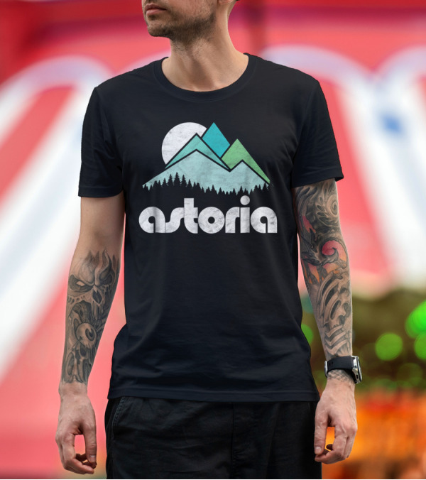 Premium T-Shirt: Astoria Oregon Vintage Minimalist Mountains Forest Moon Scene T-Shirt Astoria Oregon Vintage Minimalist Mountains Forest Moon Scene T-Shirt