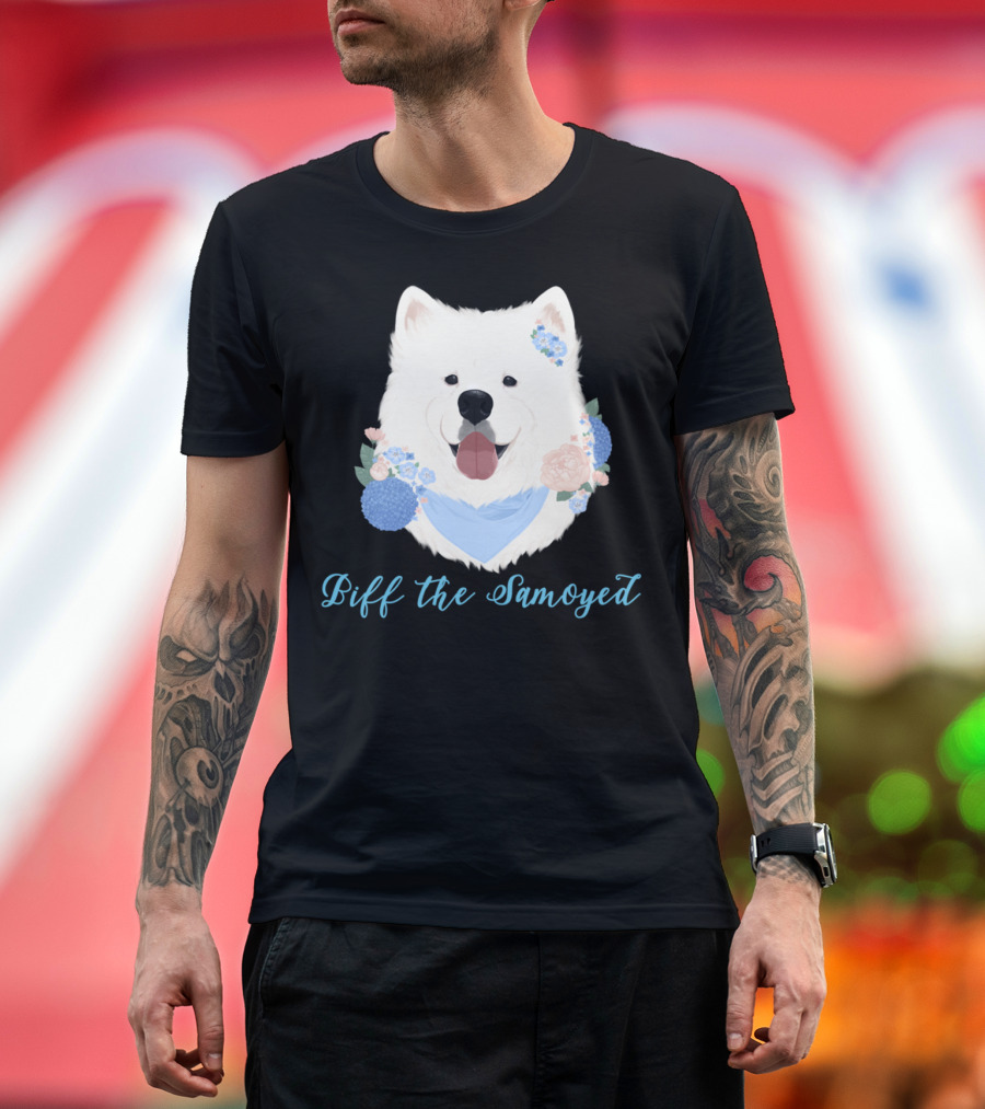 Biff The Samoyed Blue Floral Bandana T-Shirt