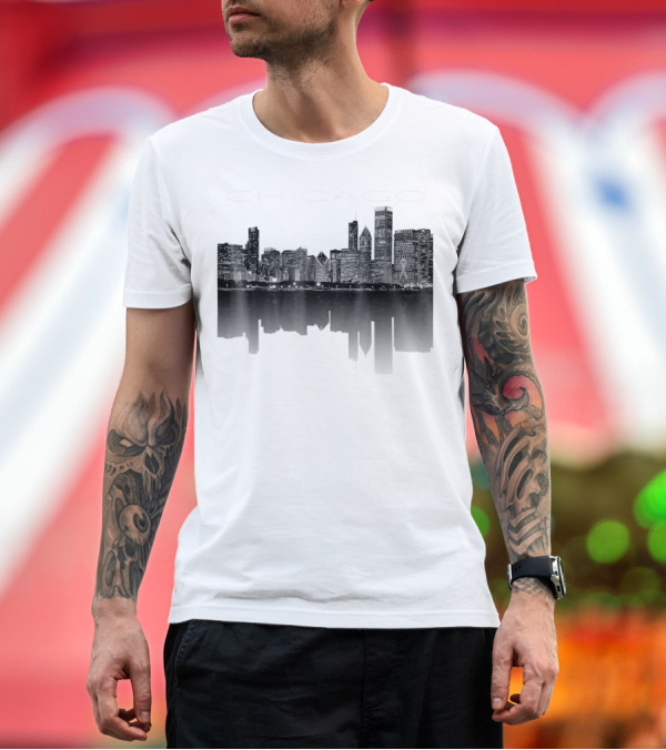 Premium T-Shirt: Chicago Nighttime City Skyline Reflected in Water T-Shirt Chicago Nighttime City Skyline Reflected in Water T-Shirt