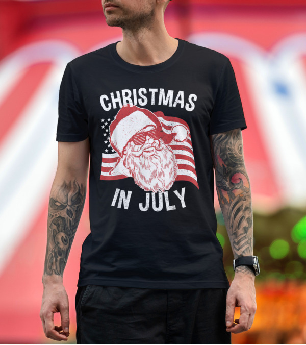Premium T-Shirt: Christmas In July Hipster Santa American Flag Sunglasses T-Shirt Christmas In July Hipster Santa American Flag Sunglasses T-Shirt