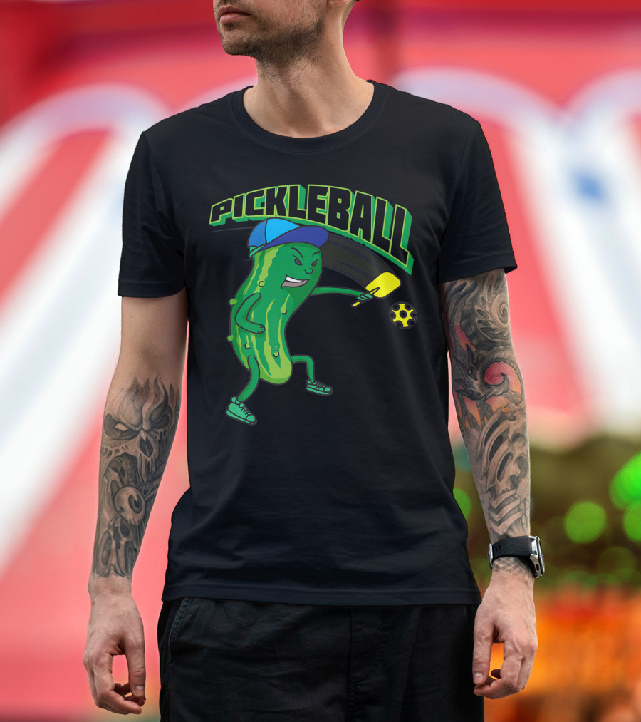Pickleball Pickle Character with Paddle and Ball Birthday Present T-Shirt