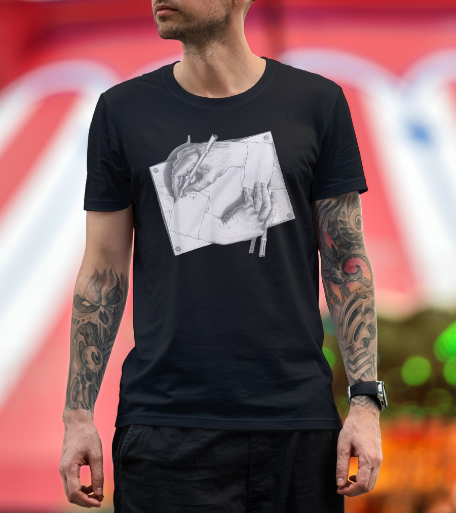 Escher Drawing Hands Optical Illusion T-Shirt