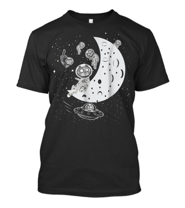 Floating In Space Funny Cat Lover Moon And UFO Adventure T-Shirt