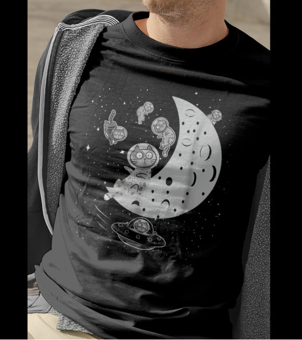 Floating In Space Funny Cat Lover Moon And UFO Adventure T-Shirt