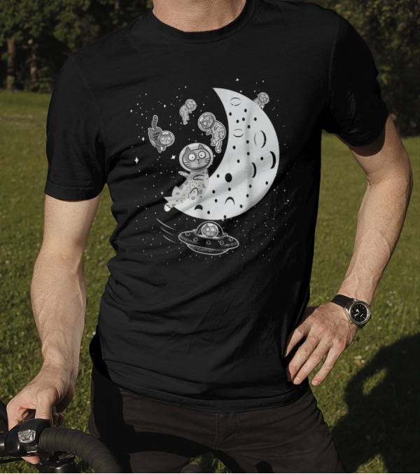 Floating In Space Funny Cat Lover Moon And UFO Adventure T-Shirt