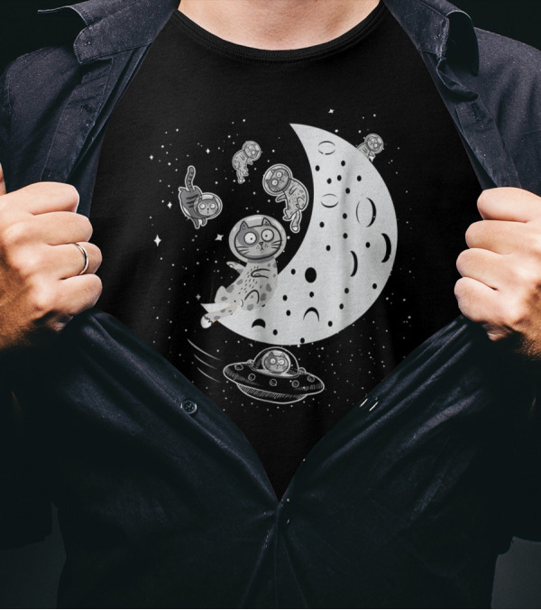 Floating In Space Funny Cat Lover Moon And UFO Adventure T-Shirt