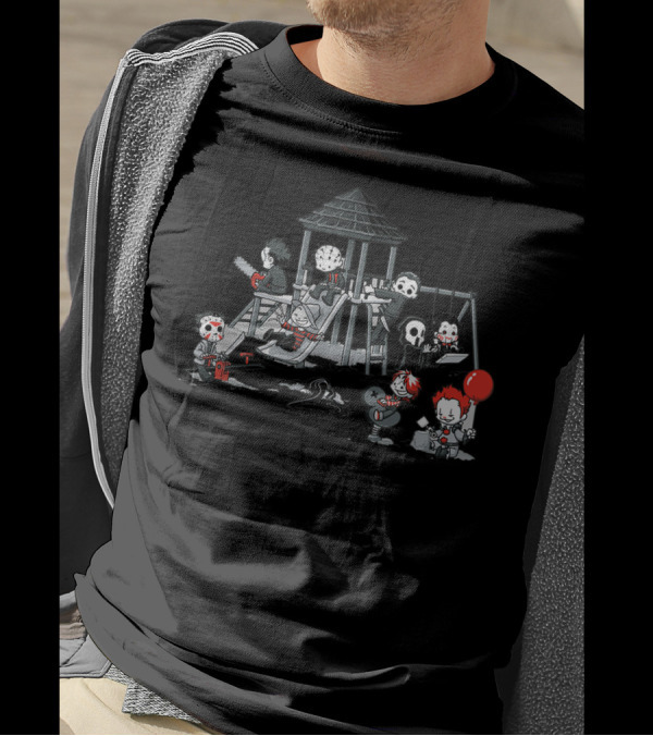 Horror Movie Monsters Funny Playground Scene With Puppet Doll Balloon T-Shirt