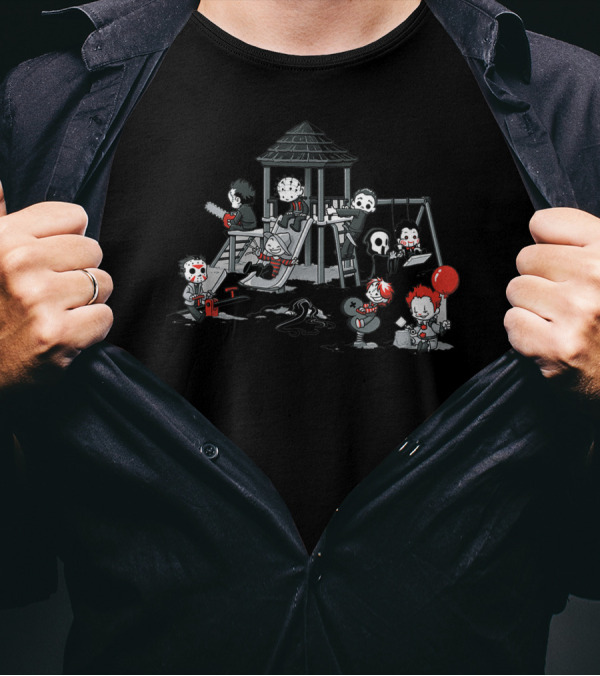 Horror Movie Monsters Funny Playground Scene With Puppet Doll Balloon T-Shirt