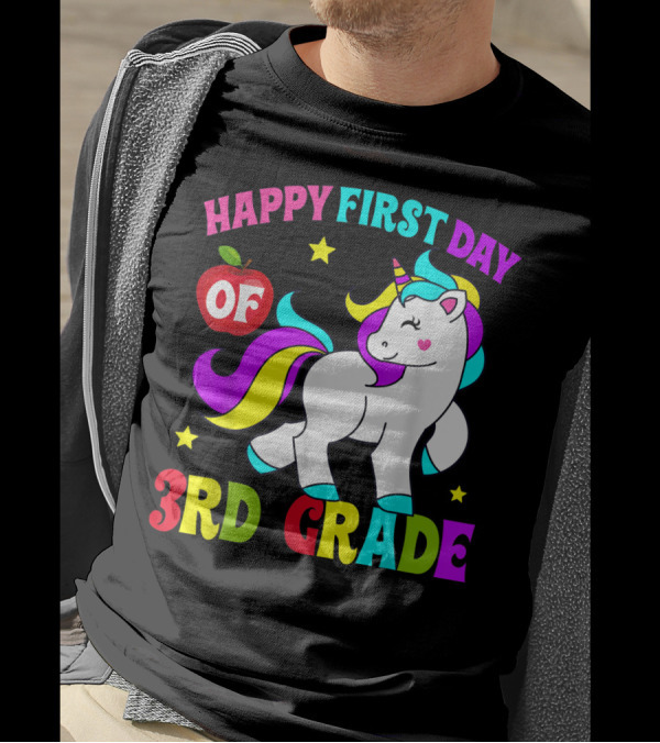 Happy First Day Of 3rd Grade Unicorn With Colorful Stars And Apple T-Shirt