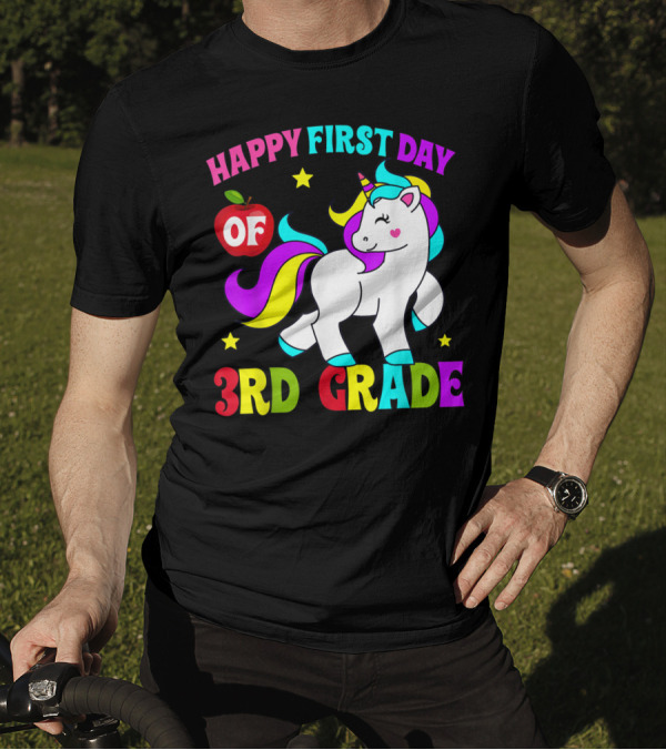Happy First Day Of 3rd Grade Unicorn With Colorful Stars And Apple T-Shirt