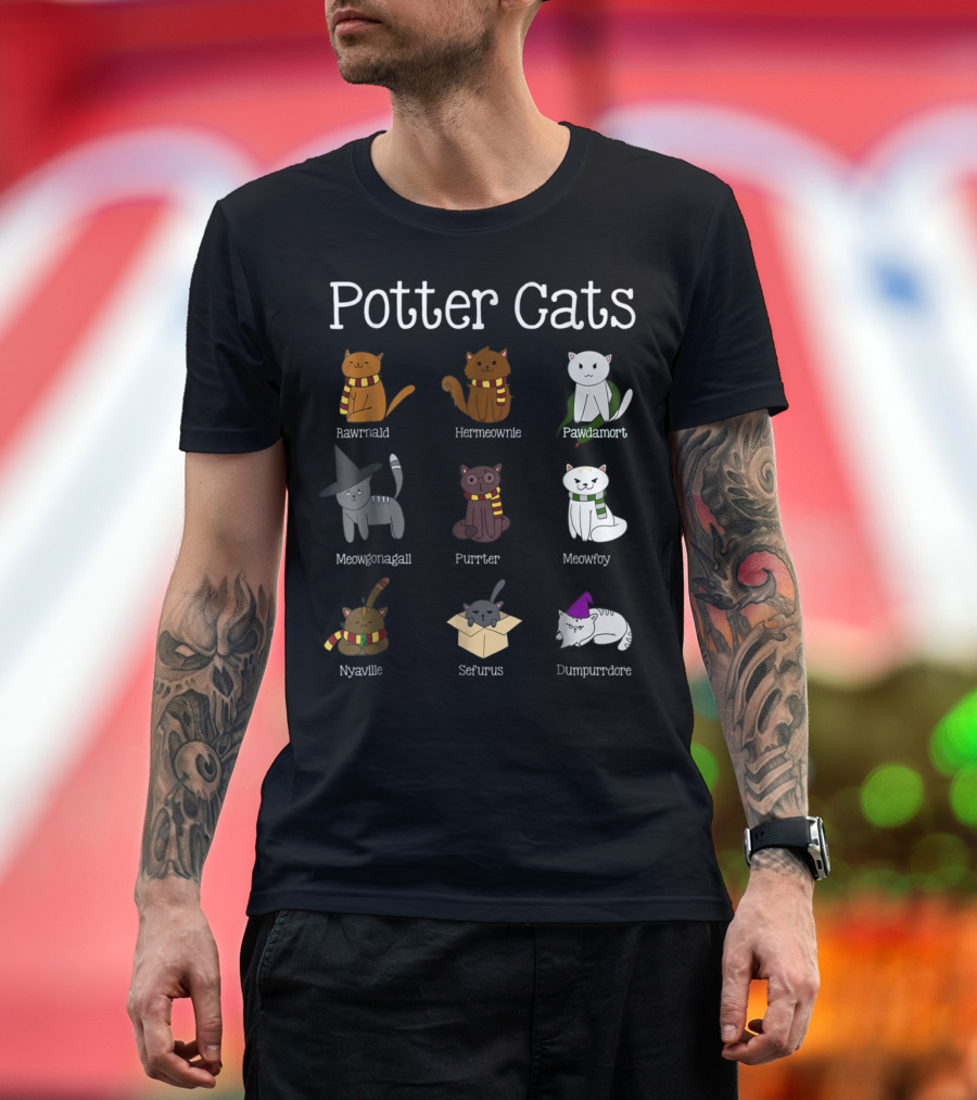 Harry Pawter Rawrnald Hermeownie Pawdamort Meowgonagall Purrter Meowfoy Nyaville Sefurus Dumpurrdore Potter Cats T-Shirt