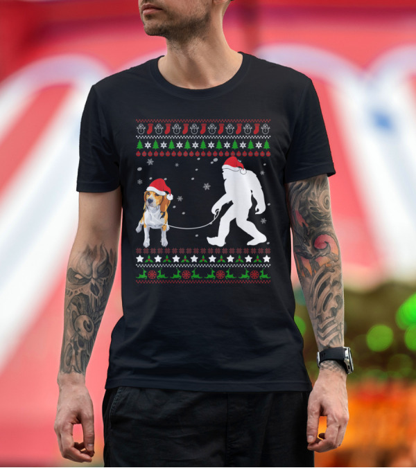 Premium T-Shirt: Beagle with Santa Hat Walking Bigfoot Ugly Christmas T-Shirt Beagle with Santa Hat Walking Bigfoot Ugly Christmas T-Shirt