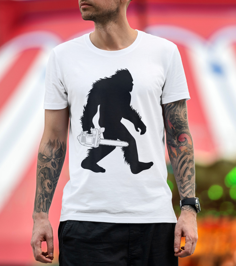 Bigfoot Carrying Chainsaw Lumberjack Sasquatch T-Shirt