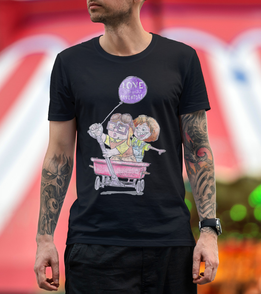 Disney Pixar Up Carl Ellie Love Greatest Adventure Wagon Ride Sketch T-Shirt