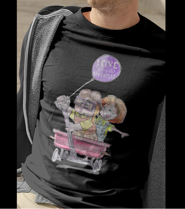 Disney Pixar Up Carl Ellie Love Greatest Adventure Wagon Ride Sketch T-Shirt