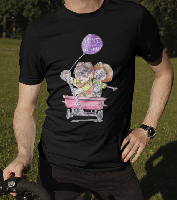 Disney Pixar Up Carl Ellie Love Greatest Adventure Wagon Ride Sketch T-Shirt