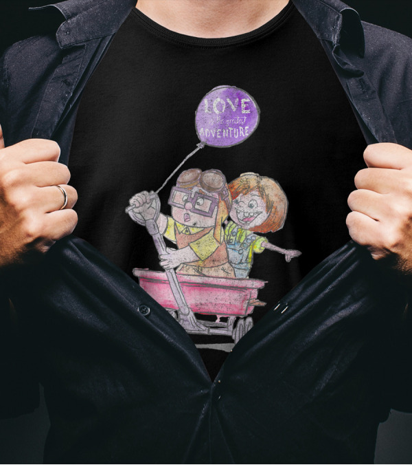Disney Pixar Up Carl Ellie Love Greatest Adventure Wagon Ride Sketch T-Shirt
