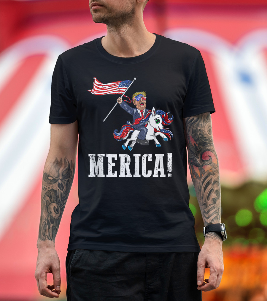 Merica Unicorn Trump America First Patriotic Flag Rider T-Shirt