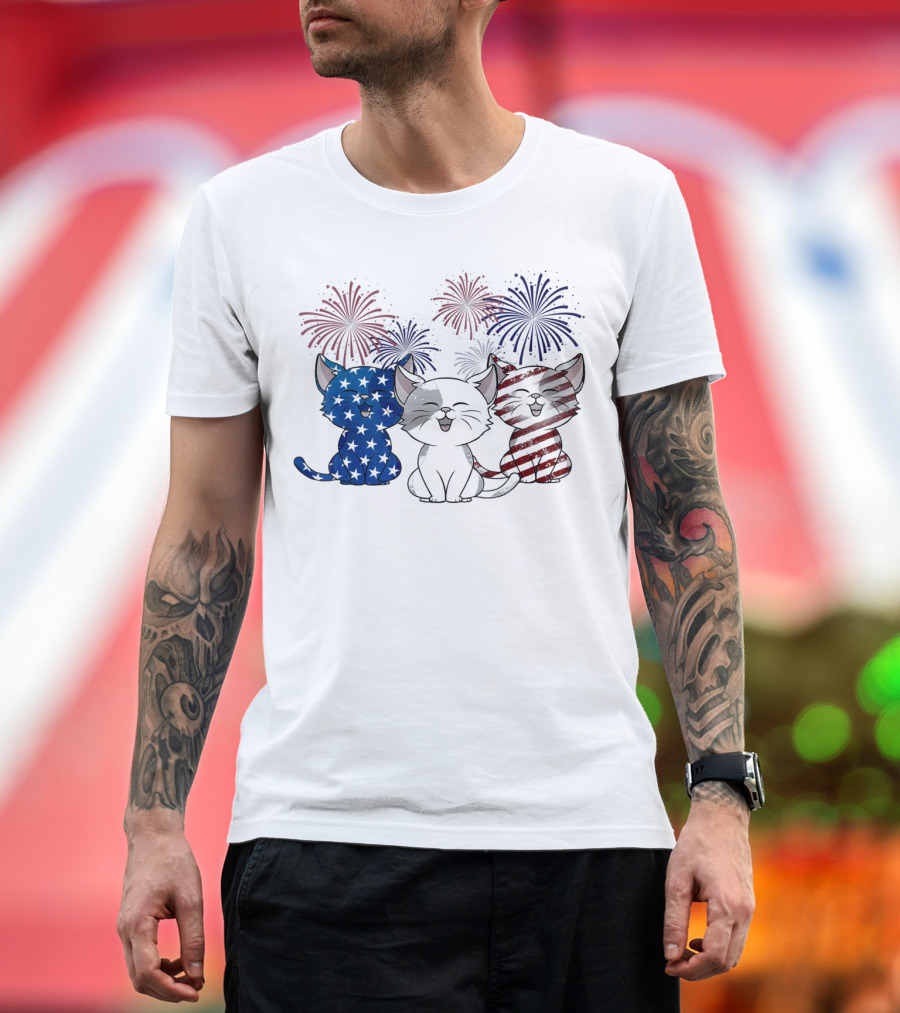 Retro Vintage Cat American Flag Fireworks 4th of July T-Shirt