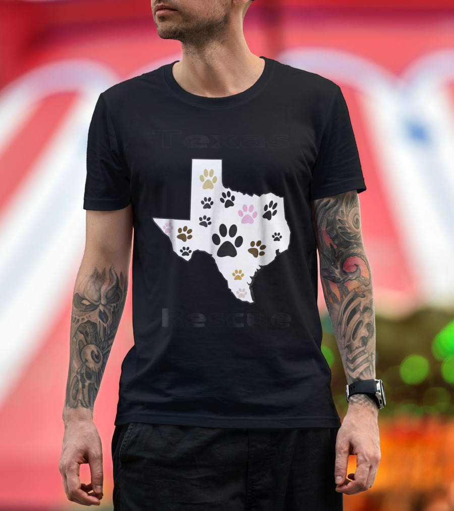 Texas Rescue Map with Multicolored Pet Paw Footprints T-Shirt